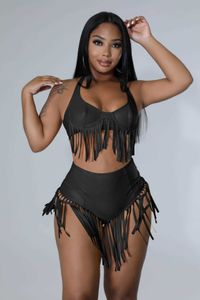 Two Piece Dress Echoine 2 Piece Set Swimwear Bikini Suit Black Tassel Fringe Women Bikini Set Beach Sexy Matching Set Summer Women Clothing T230113