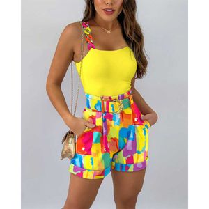 Zweiteiliges Kleid Damen Kettenriemen Tank Top Colorblock Shorts Set mit Gürtel Zweiteiliger Anzug Shorts Anzug Damen Casual Alltagskleidung 2022 T230113