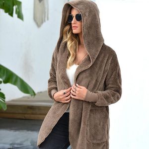 Kurtki damskie polar luźne z kapturem otwartym ściegem splatającym średnio długi płaszcz dla kobiet swobodna kurtka streetwear zima