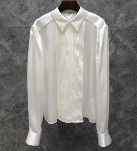 Women's Blouses & Shirts Silk Blouse Shirt 2023 Spring Summer Women Turn-down Collar Back Button Pleated Deco Long Sleeve Elegant White