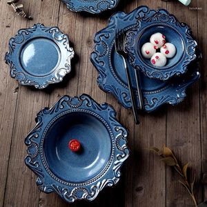 Plates European Relief Ceramic And Bowls Baroque Vintage Carving Craft Dinner Plate Salad Bowl Afternoon Tea Dessert Tableware