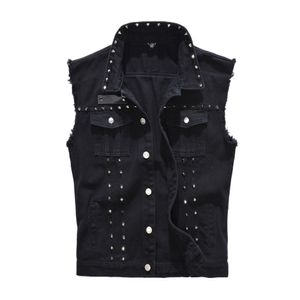 Erkekler Yelek Denim Yelek Punk Rock Perçin Kovboy Siyah Kot Hand Moda Motosiklet Stili Kolsuz Ceket M 5XL 230112