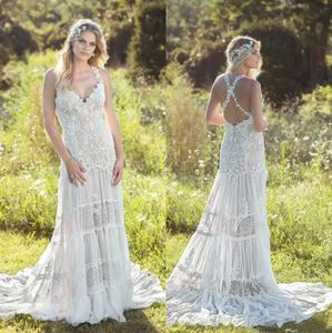 Vintage Bohemian A-Line Wedding Suknie 2023 Retro szydełka koronkowa koronkowa bez pleców letnie wakacje na plaży wiejskie sukienki ślubne szaty