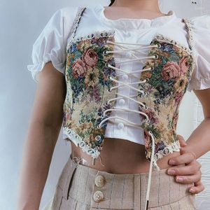 Women's Tanks Summer Sexy Low-Cut Retro Corset Camisole Flower Print Sleeveless Skinny Front Hollow Out Bandage Ladies Girls Short Sling