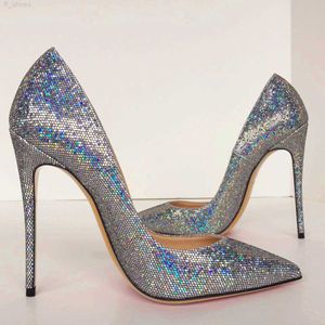 2023 Summer Fashion Pumps Silver Glitter Point Toe Bride ślubne buty wysokie obcasy oryginalne skórę