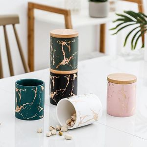 Opslagflessen keramisch marmeren voedsel pot met luchtdichte afdichting bamboe deksel porseleinen bus voor thee koffieboon kruiden suiker