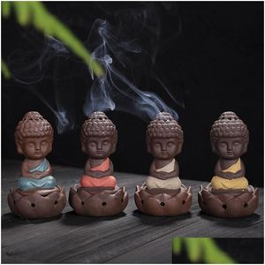 Lampy zapachowe Mały mnich Thurible Dekoracyjne prezenty ceramiczne fioletowe piasek Buddha Burner kadzidełka do wystroju domu sztuki i rzemiosło 4 col Dhq4n