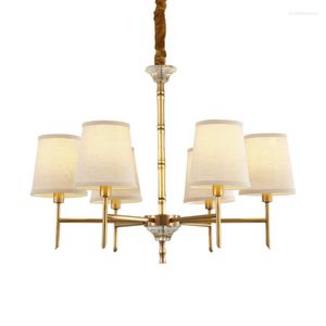 Pendant Lamps Copper Crystal Chandelier Living Room Dining Bedroom Study Model Fabric Lampshade