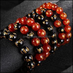 Perlen 10/12 mm breit schwarzes rotes Naturstein -Perlenarmband f￼r M￤nner DIY MENS Perlen Armb￤nder Frauen Religi￶se Schmuck Drop JE OTCW5