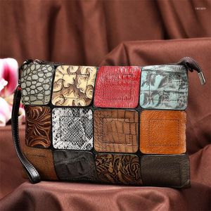 Abendtaschen National Patchwork Frauen Kupplungen Vintage Echtes Leder Dame Schulter Umhängetasche Handtaschen Kleine Mädchen Designer Messenger