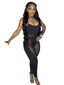 Beautiful Mesh Patchwork Tracksuits Two Piece Sets Women Clothes Sleeveless Spaghetti Straps Bodysuits And Pants 2pcs See Through Outfits Club Wear Matching Sets