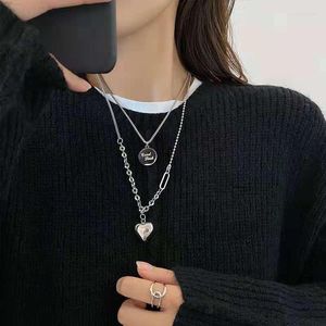 Choker Indie Silver Color Dainty Double Layer Heart Chain Pendant Necklaces Gothic Punk Streetwear Jewelry Grunge Aesthetic Accessories