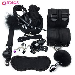 Bondage Vrdios BDSM Sex Set Handcuffs Gag Whip Nipple Clamps Erotic Toy For Women Par Adult Shop Anal Butt Plug Tail 230113