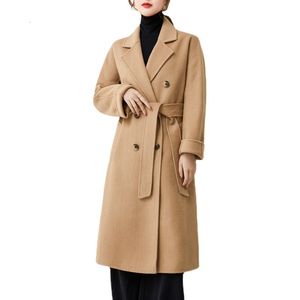 Women's Wool Blends Long en Overcoat Camel Black Beige Doublesided Office Lady Coat Over Knee Length Winter With Belt 230112