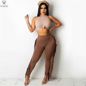 Zweiteiliges Kleid Neu 2021 Damen Frühlingsmode Street Girl Style Frauen Anzug Weste Typ Kurzes Oberteil Elastische lange Hosen Reine Farbe Zweiteiliges Set T230113