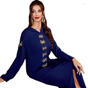 Sukienki swobodne Ramadan 2023 Kobiety maxi sukienki vintage bluzy solidne diamenty z kapturem z kapturem szlafrok z kapturem