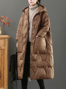 Kvinnors västar ailegogo Autumn Winter Women Huva Löst varm 90 Vit Duck ner Long Parka Casual Female Pocket Pocket Coat Outwear 230112