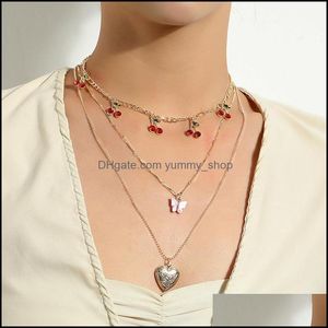 Pendant Necklaces Luxury Red Rhinestone Cherry Clavicle Chain Cute Charms Peach Heart Acrylic Butterfly Necklace Womens Jewelry Drop Otfur