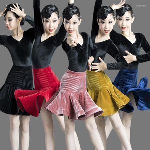 Stage Wear 2023 Girls Latin Dance Skirt Ballroom Salsa Tango Skirts Kid Child Velvet Split Dress With Leotard And