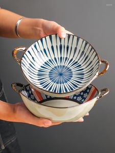 Bowls Binaural Homehold Ceramic Large Ramen Bowl Creative Tableware Handle Soup Plate