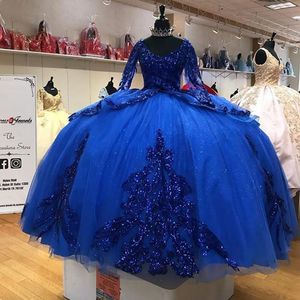 2023 Abiti da ballo vintage Quinceanera Blu royal con paillettes in pizzo Tulle Scollo a V Perline Maniche lunghe Paillettes Lunghezza del pavimento Plus Size Abiti da sera da ballo Corsetto Indietro