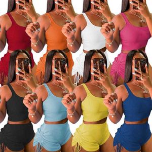Enfärgad T-shirt dam Träningsoveraller Designer sommarshorts Yogaoutfits Casual joggingdräkter med rynkor och knytrep på shorts