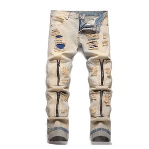 Herrdesigner jeans broderi hiphop joker denim byxor män trasiga hål lapp elastiska slim fötter penna byxor 28-38