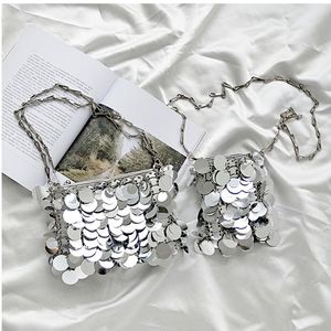 Evening Bags Luxury Women Designer Silver Metal Sequins Chain Woven Bag Clutch Female Travel Holiday Shoulder HandbagEvening