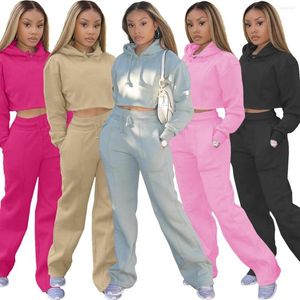 Women's Two Piece Pants High Quality Fall 2023 Women Clothes Solid Color Drawstring Straight Loose Sweatpants Crop Top Pullover Hoodie Set