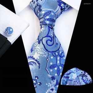 蝶ネクタイ2023ファッションマンネックタイセットAscot Blue Cravat Wedding Handkeiefs Flower Pocket Square Cufflinks Business Necktie