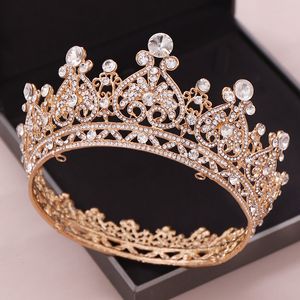 Bröllopshår smycken guldfärg stora runda kronor barock tiara krona kristallhjärta tillbehör drottning prinsessan diadem brud prydnader 230112