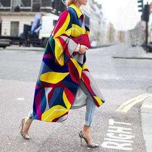 Women's Wool & Blends Elegant Women Cool Street Fashion Geometric Color Printed Long Jacket Coat Celebrity Oufits Streetwear