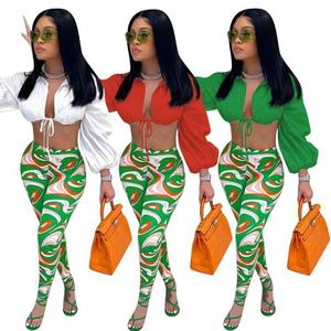 Two Piece Dress Echoine V-neck Lace Up Blouse Shirt Top Print Pencil Pants Set Autumn Long Sleeve Sexy Party Night Outfits Matching Set T230113