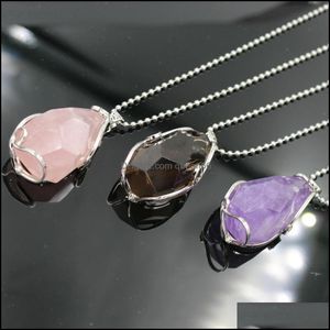 Anhänger Halsketten Silber vergoldet Wire Wrap Irregar Halskette Cut Edelstein Heilenergie Natürlicher Kristall Amethyst Pulver Teetropfen Delive Dh702