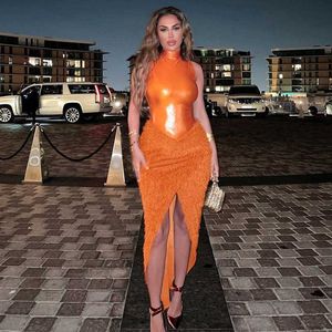 Dwuczęściowa sukienka Echoine Turtle Scyk Rleeve Bodysuit fringe Fringe Nieregularna spódnica dwuczęściowa set Streetwear Party Clubwear Orange T230113