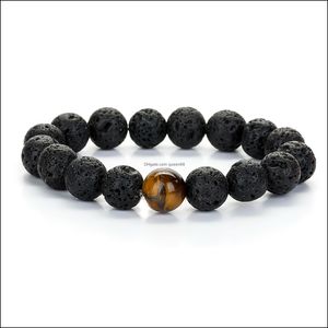 Beaded Mens Lava Rock Bracelets Strand Black Volcanic 10Mm Round Essential Oil Diffusion Beads With 1Pcs Natural Gemstone Yoga Wrist Dhlrg