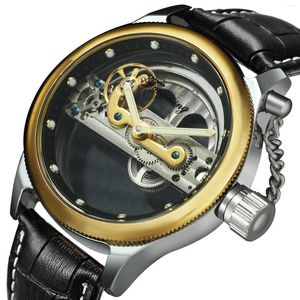 Armbanduhren Forsining Top Golden Bridge Mechanische Uhr Männer Echtes Lederarmband Getriebe Transparentes Gehäuse Business Handgelenk