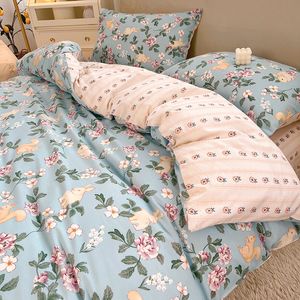2023 Cute Strawberry Flower Korean Bedding Set Twin Full Queen Size Four-piece Cotton Fitted Bedding Sheet Pillowcase Duvet Cover Set