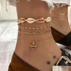 Anklets Fashion Jewelry Bee Charm Pendant Shell Beads Anklet Set Chain 4pcs/Set Drop Delivery DHXDC