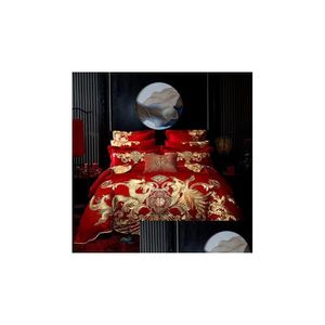 Set di biancheria da letto Red Luxury Gold Phoenix Loong Ricamo Matrimonio cinese 100 Cotone Set Piumino Er Lenzuolo Copriletto Federe Drop D Dh9Nx
