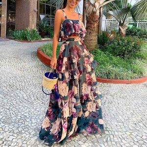 Tvådelt klänning kvinnor sommar boho strand två bit set sexig kjol set crop top maxi lång kjol blommor tryckta ruffles hög midja avslappnad två bit t230113