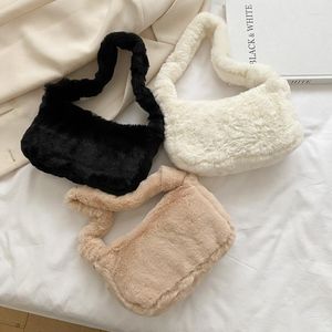 Evening Bags Simple Design Women Soft Plush Shoulder Winter Fashion Solid Color Warm Fancy Handbag Tote Bag Handbags