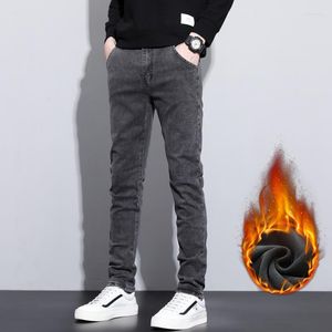 Men's Jeans 2023 Winter Men's Slim Fit Elastic Thick Fleece Pants Warm Casual Fashion Oversize Brand Clothing Blue Black Grey