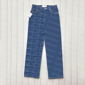 Kvinnor hög midja jeans vintage stil blå jeans designer tryck raka byxor vår sommar andningsbara byxor