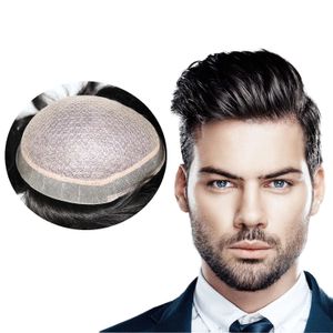 Full Silk Base Top Lace Toupee Wigs For Men #1B Natural Black Durable Human Hair Replacement System Hairpieces Natural Scalp Looking Bleached Knots