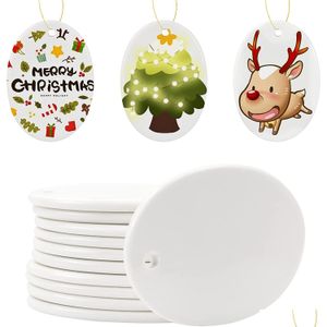 Party Decoration Sublimation Blank Ceramic Ornament Oval 3.3 Inch White With Gold String For Crafting Christmas Tree Decor Diy Perso Dhbu6