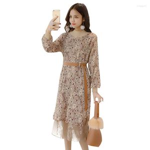 Casual Kleider Frühling Herbst Koreanischen Stil Patchwork Gestrickte Chiffon Kleid Frauen O - Neck Langarm Blumen Druck Elegante Vintage