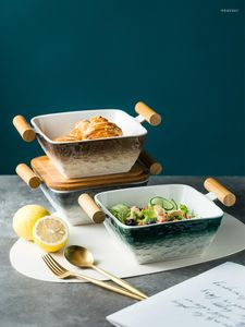 Bowls Japanese Soup Bowl With Double Wooden Handle And Lid Ceramic Large Ramen Restaurant Gradient Stone Texture Tableware