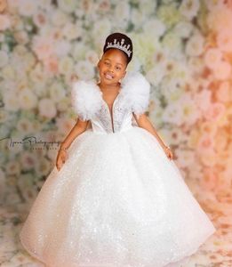 Vit paljett Bollklänning Flower Girls Dresses For Wedding Girl Pageant Dress Kids Party Prom Birthday for Photoshoot