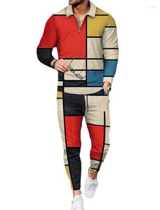 メンズトラックスーツ2023秋のメンズ3Dプリントトラックスーツ服ジッパー2ピースセット長袖ポロシャツパンツスウェットスーツスポーツスーツ